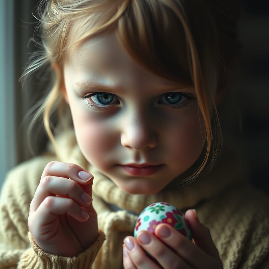 Young Girl Holding Pomlázka and Decorated Egg in Soft Light