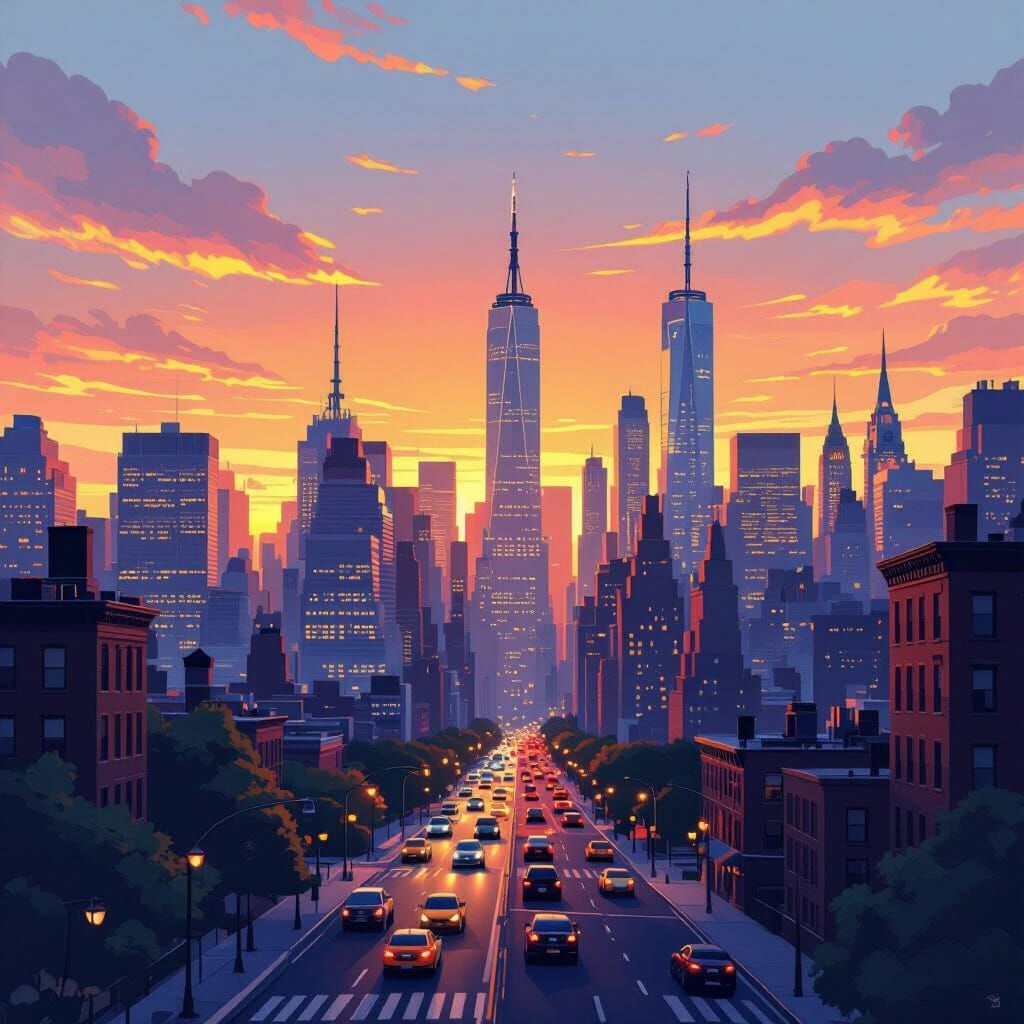 NYC Skyline Sunrise: Cartoon Style Cityscape