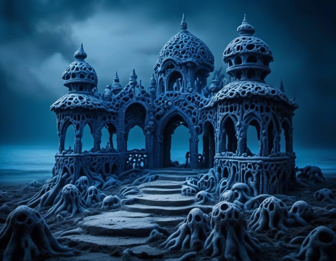 Surreal Gothic Pavilion of Fingers by Misty Ocean