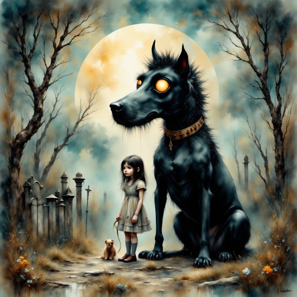 Gothic Girl with Great Dane in Tim Burton Style