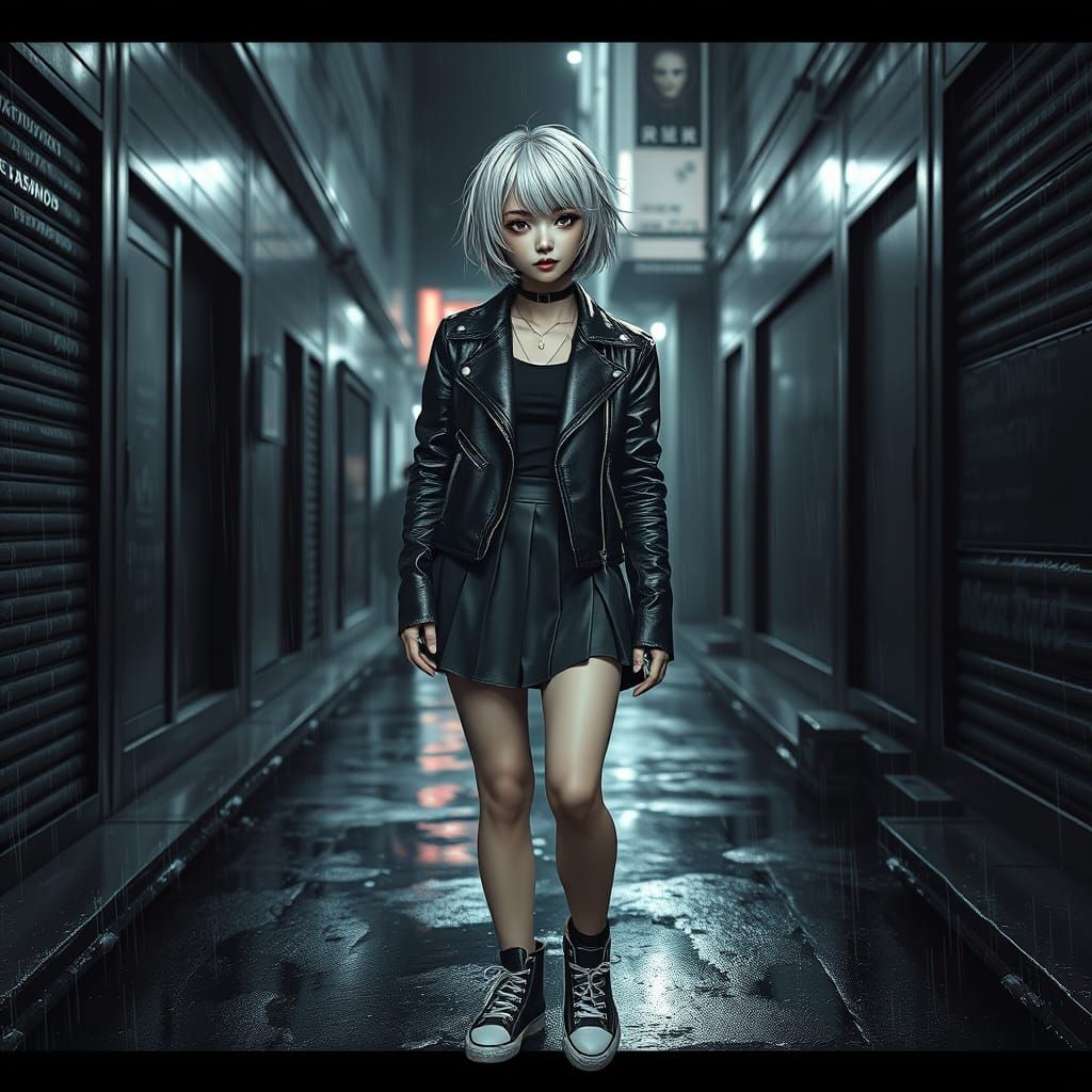 Confident Woman in Cyberpunk Alleyway