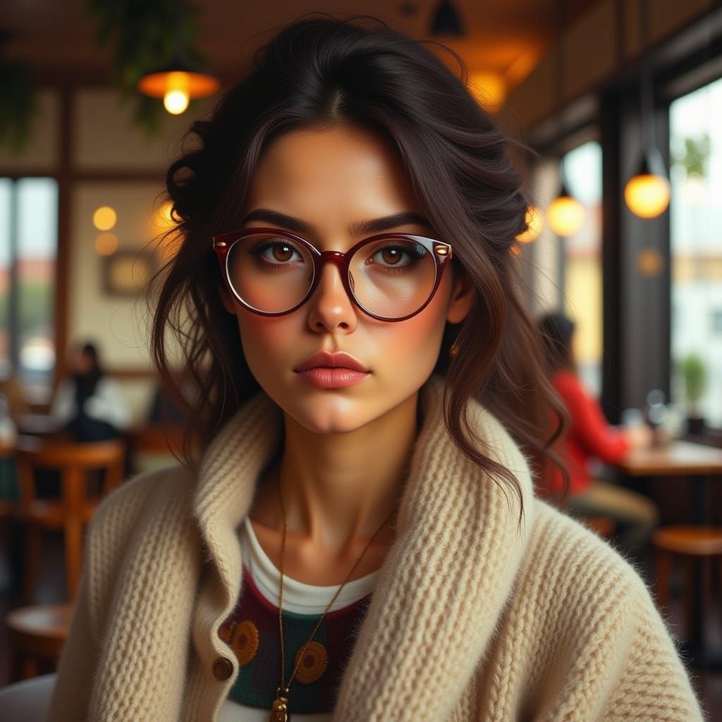 Trendy Woman in Coffee Shop: Vibrant Digital Art