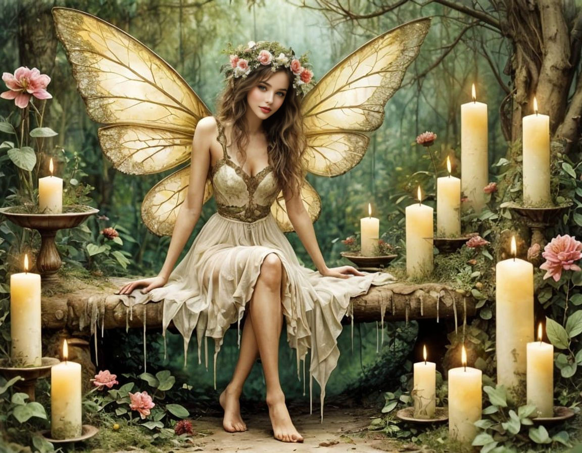 Whimsical Fairy in Candlelit Garden Scene