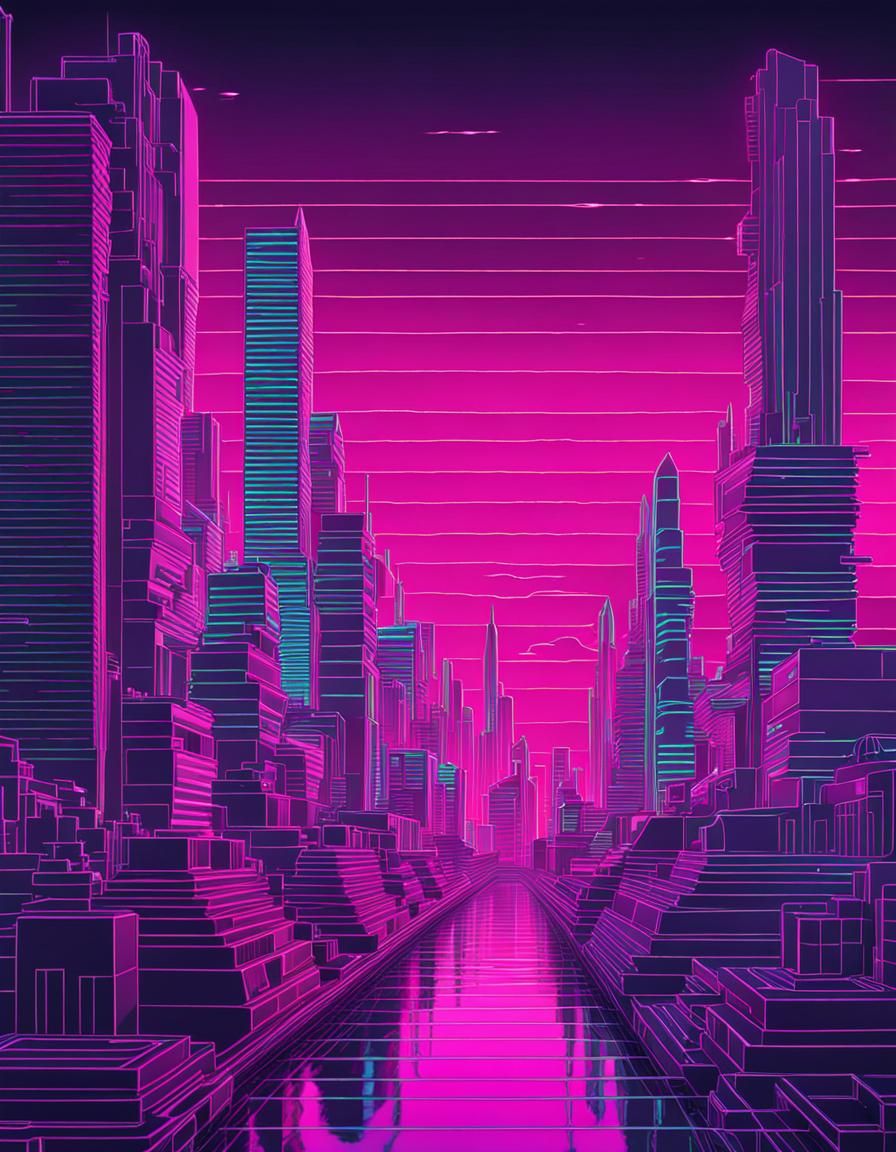Synthwave Cityscape in 3D Line Art