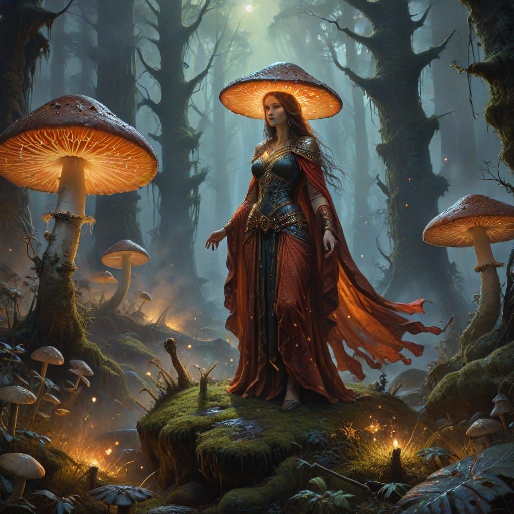 Mushroom Sorceress in Epic Fantasy Landscape