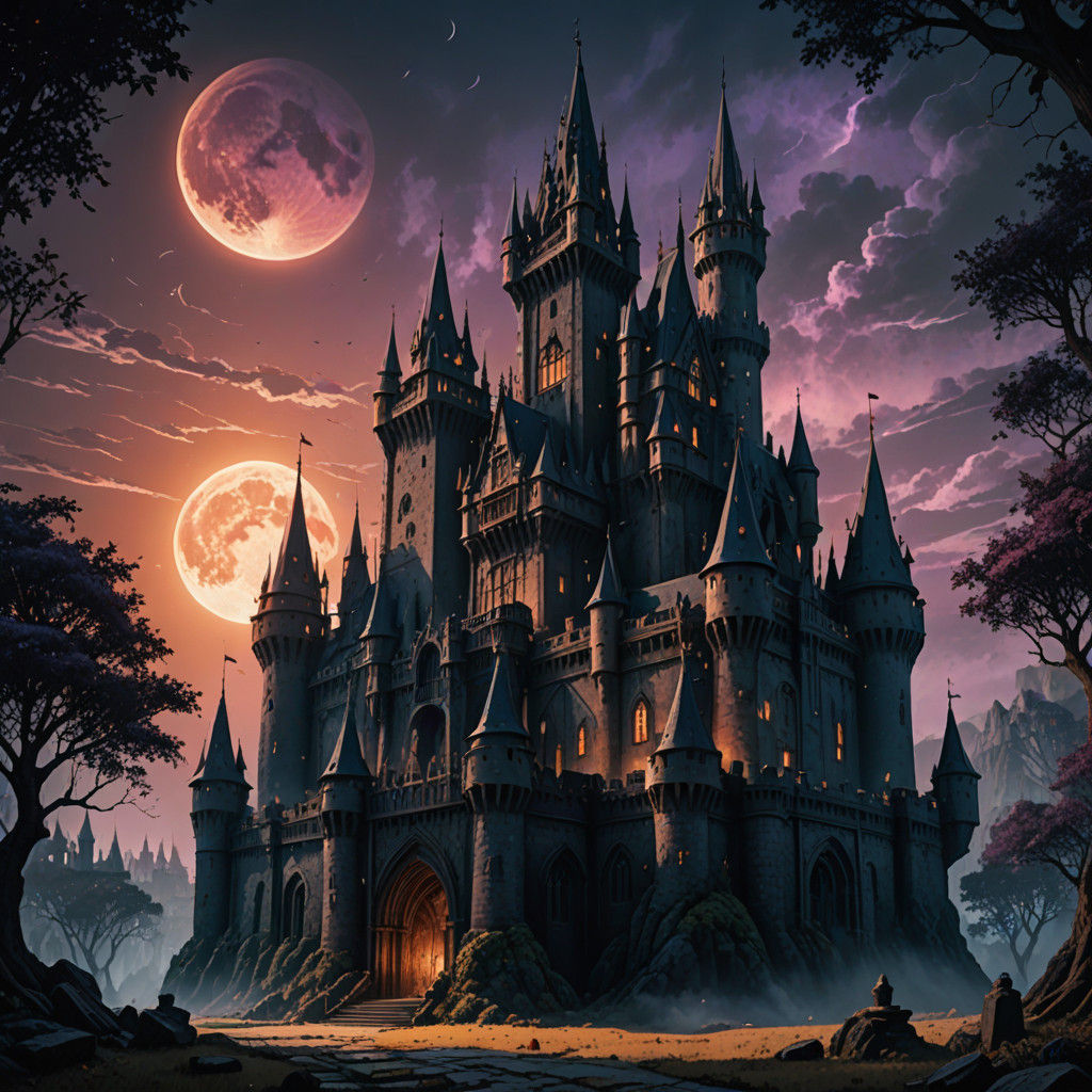 Gothic Castle Under Bloodmoon in Watercolor Style