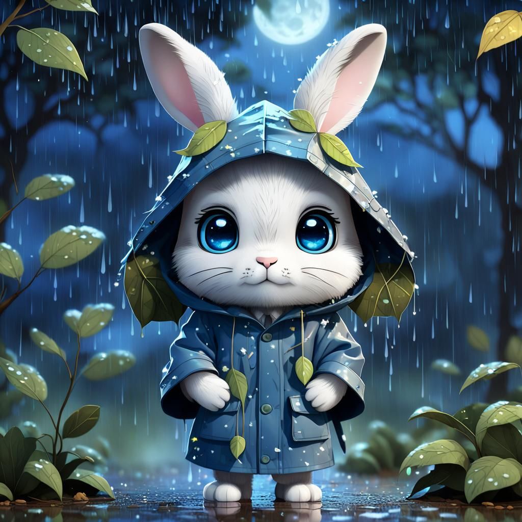 A charming cartoon chibi rabbit with hanging ears in a cute raincoat made of leaves stands in the rain and looks directl...