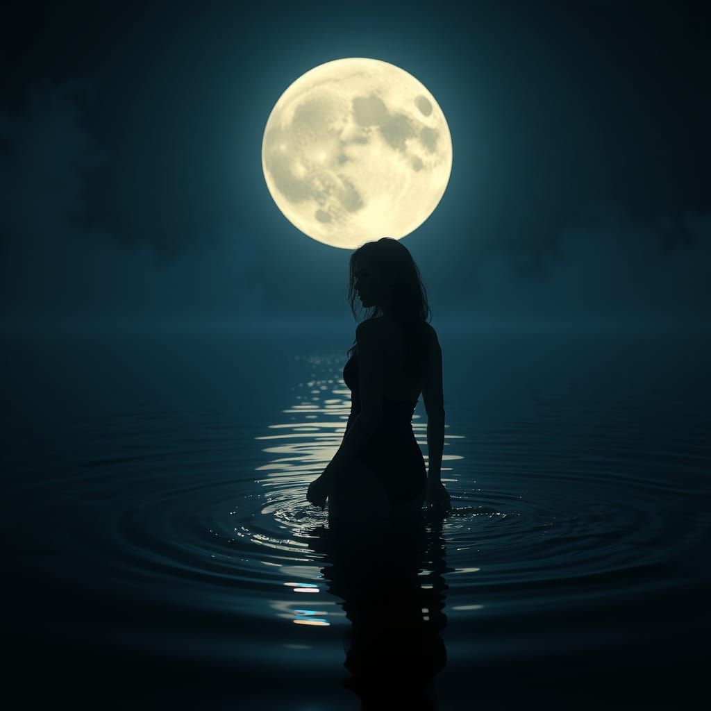 Moonlit Woman in Lake: A Digital Art Dreamscape