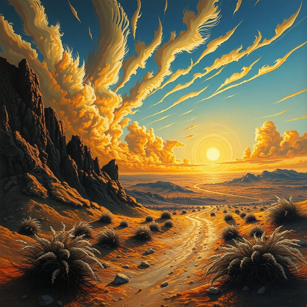 Feathered Sky: Dystopian Desert in Impasto Style