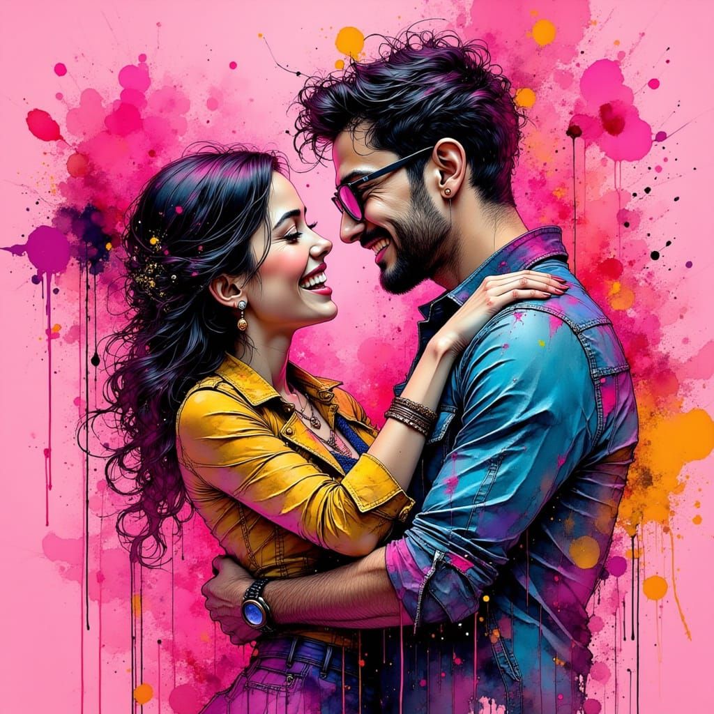 Couple Embracing in Vibrant Graffiti Street Art