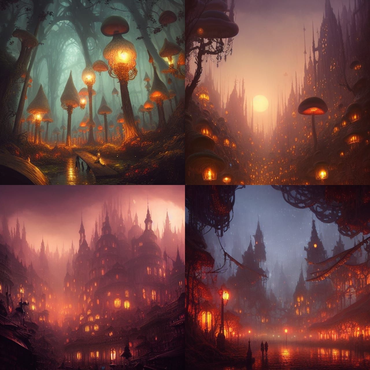Fantasy Mushroom City at Night: Detailed Matte Painting