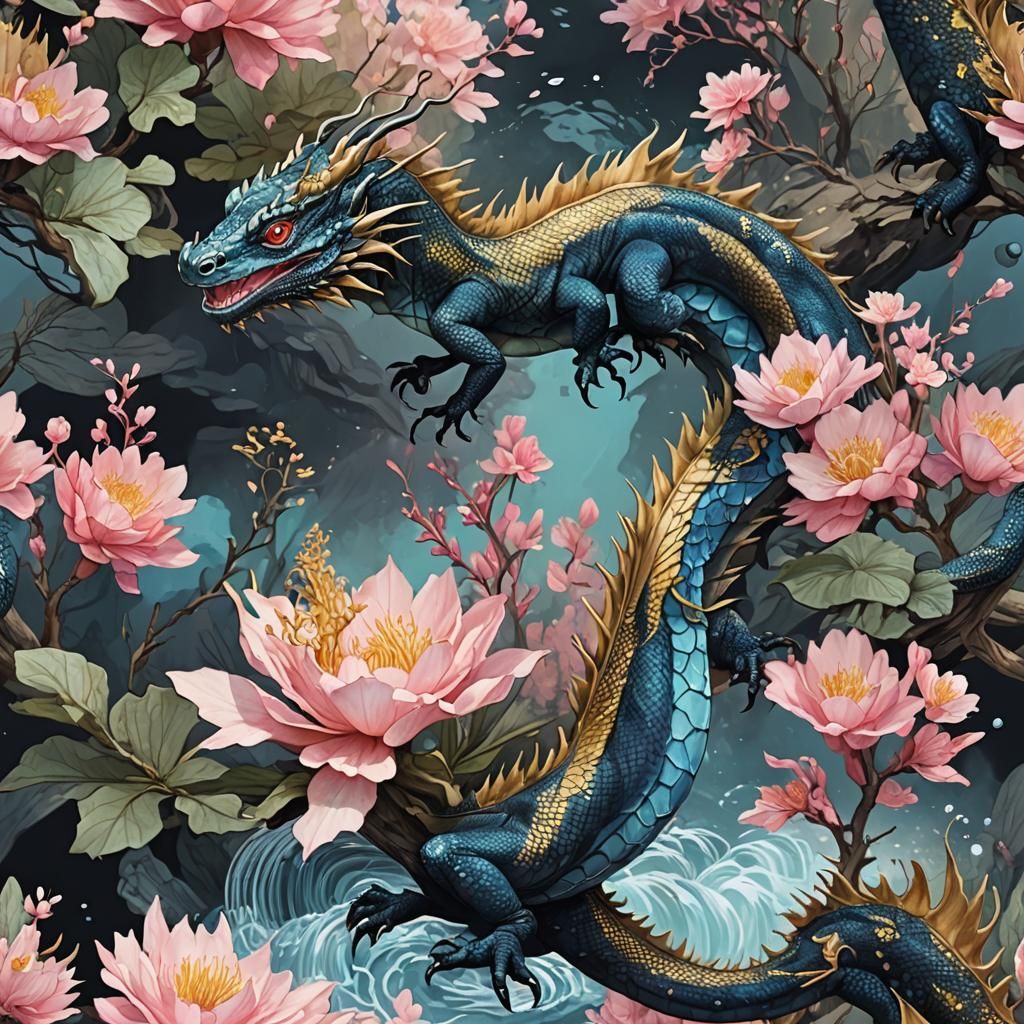 Majestic Water Dragon Guarding Treasure: Digital Art