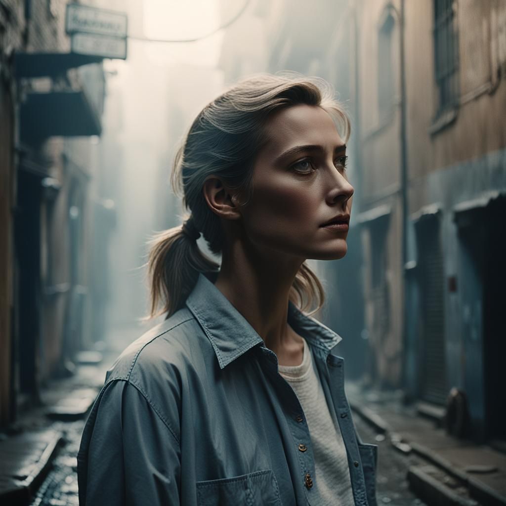 Misty Alleyway Film Still with Golden Hour Light