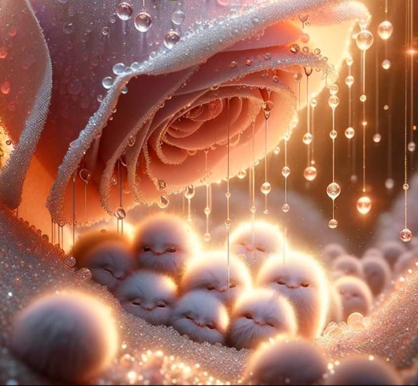 Sparkling Raindrops on Rose Petals with Magical Beings