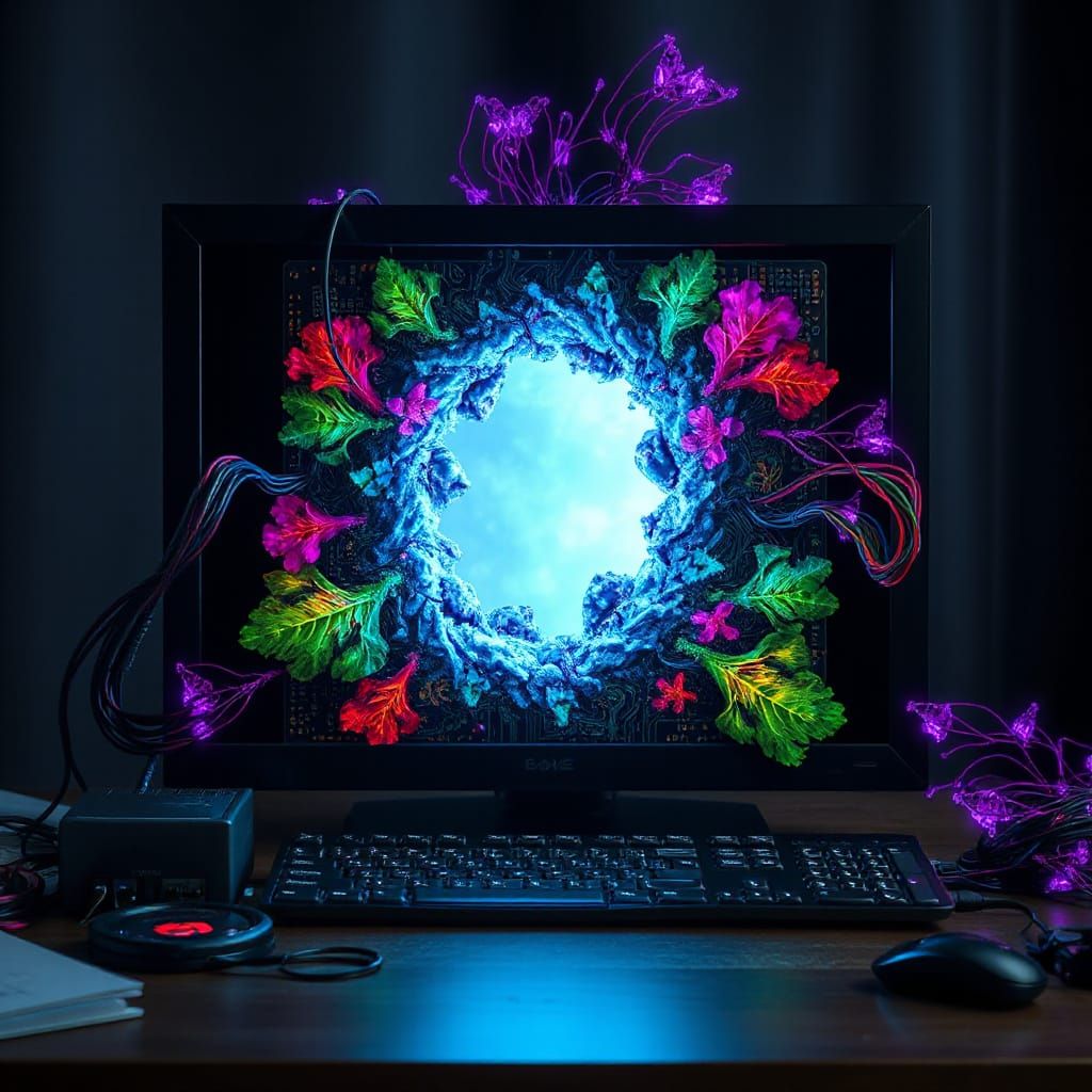 Mystical Computer Portal with Fractal Circuits