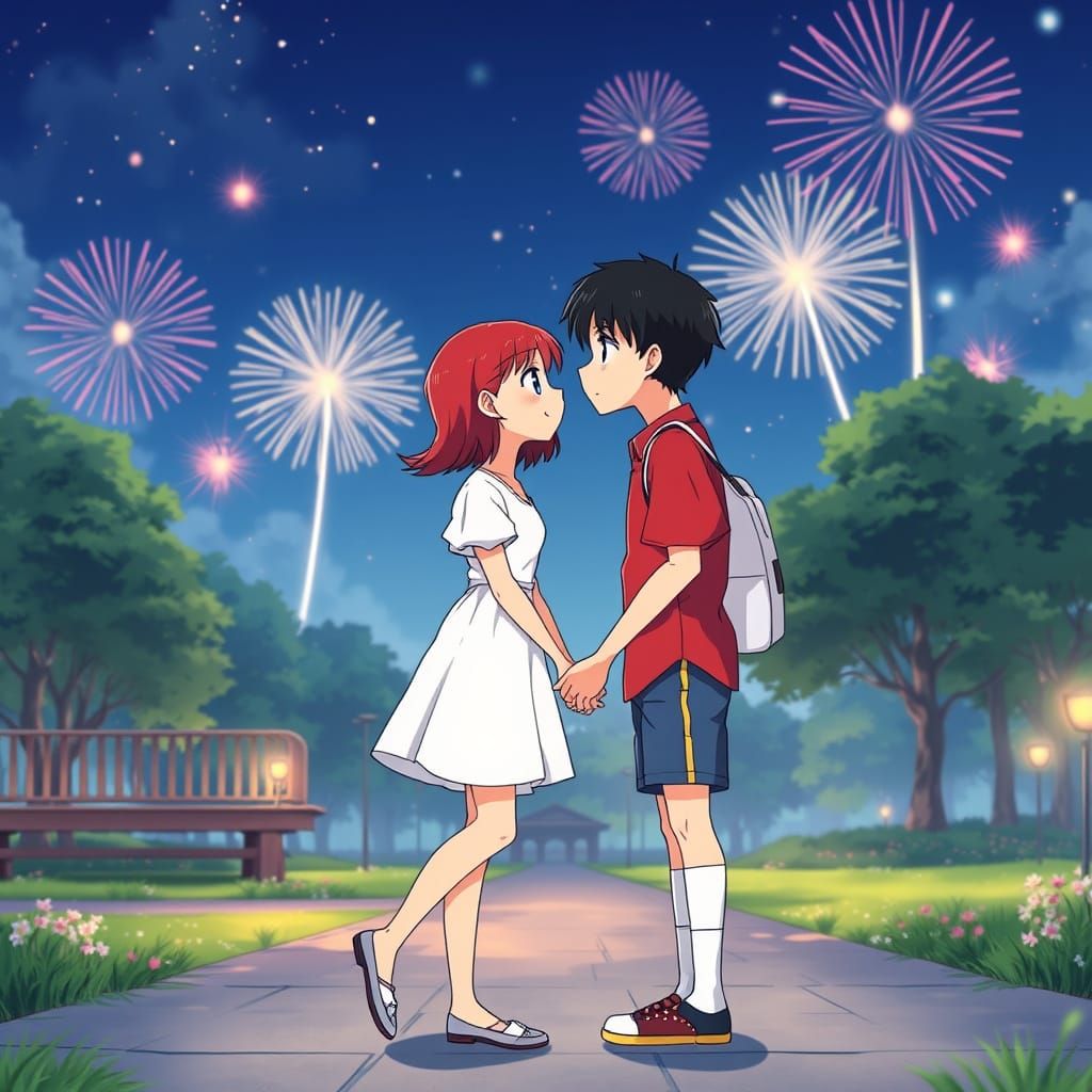 Young Lovers Share a Moment Under Fireworks in Whimsical Ani...