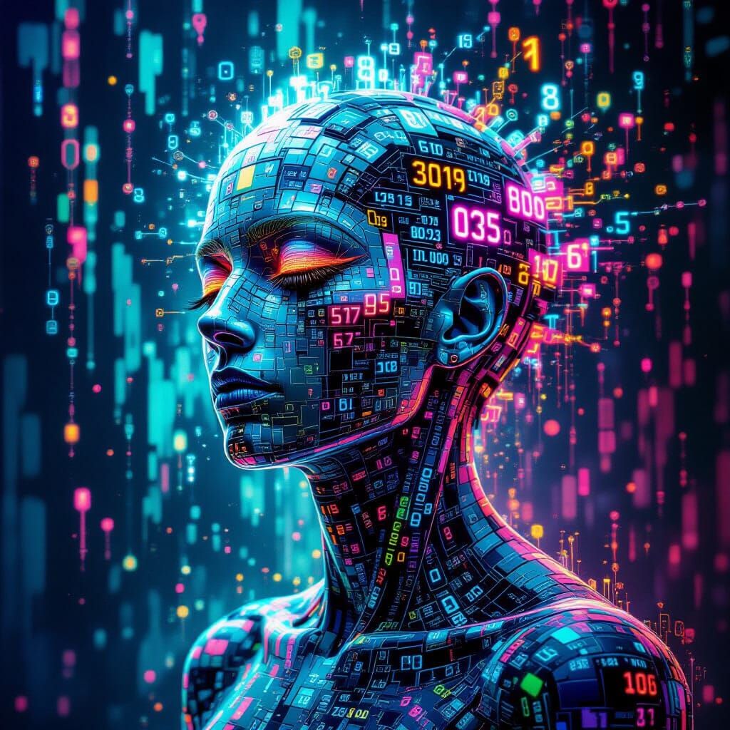 Surreal Creature Portrait of Glowing Numbers and Binary Patt...