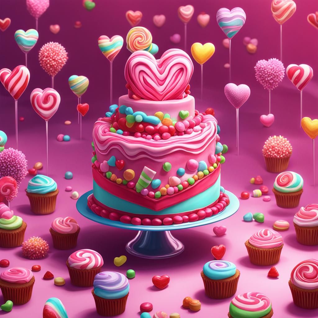 Sweet Pink Heart Cake in Candy Art Style