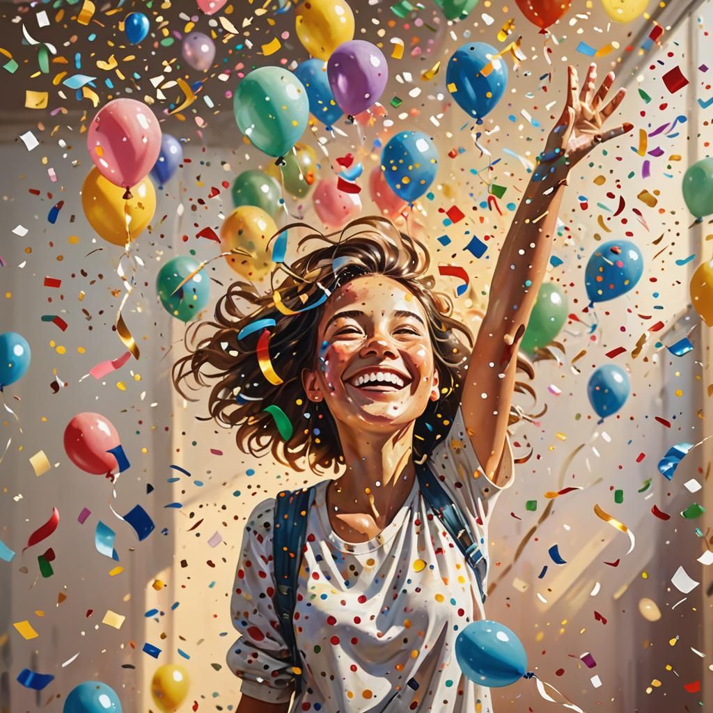 Joyful Woman in Oil Painting with Confetti