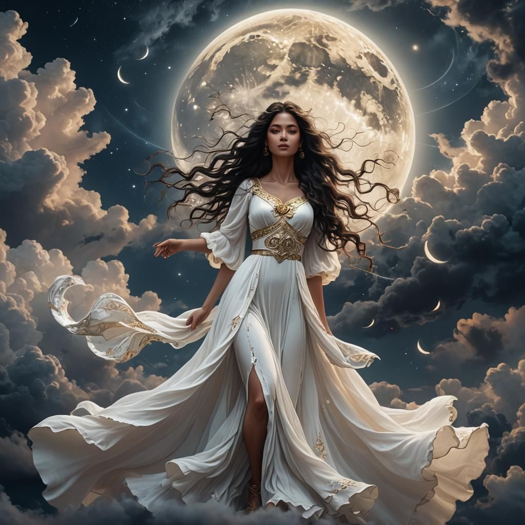 Celestial Goddess Embracing the Moon in Fantasy Art