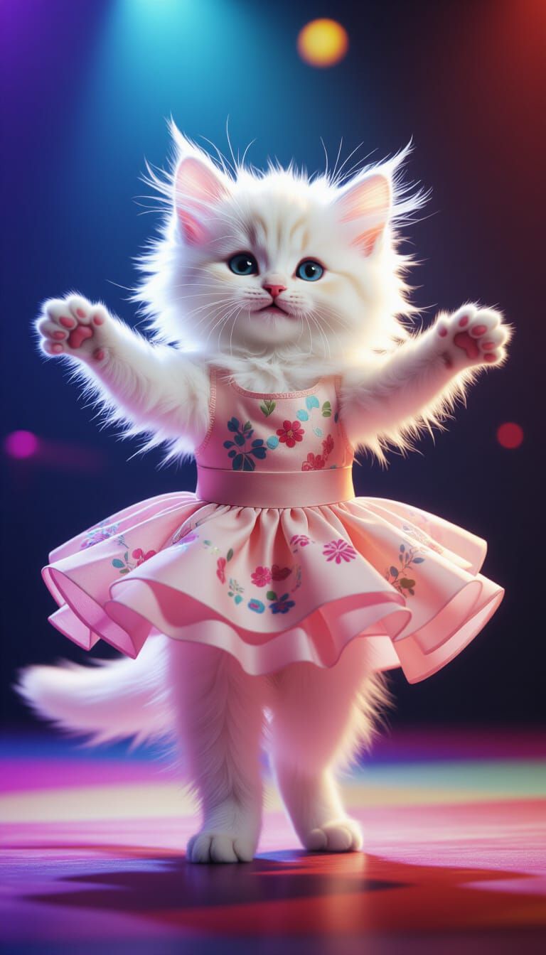 Dancing Kitten in Stylish Dress on Stage