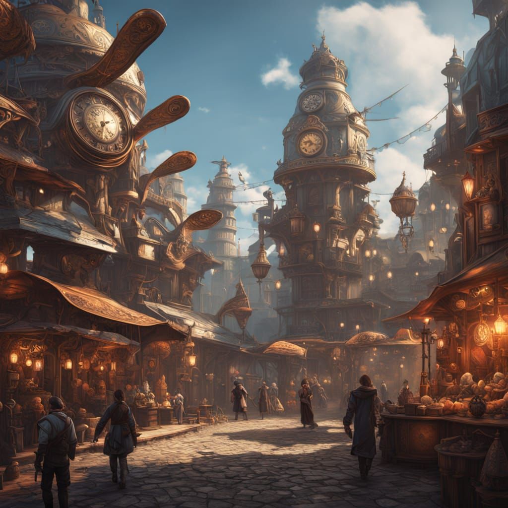 Steampunk Marketplace with Clockwork Automatons and Vendors