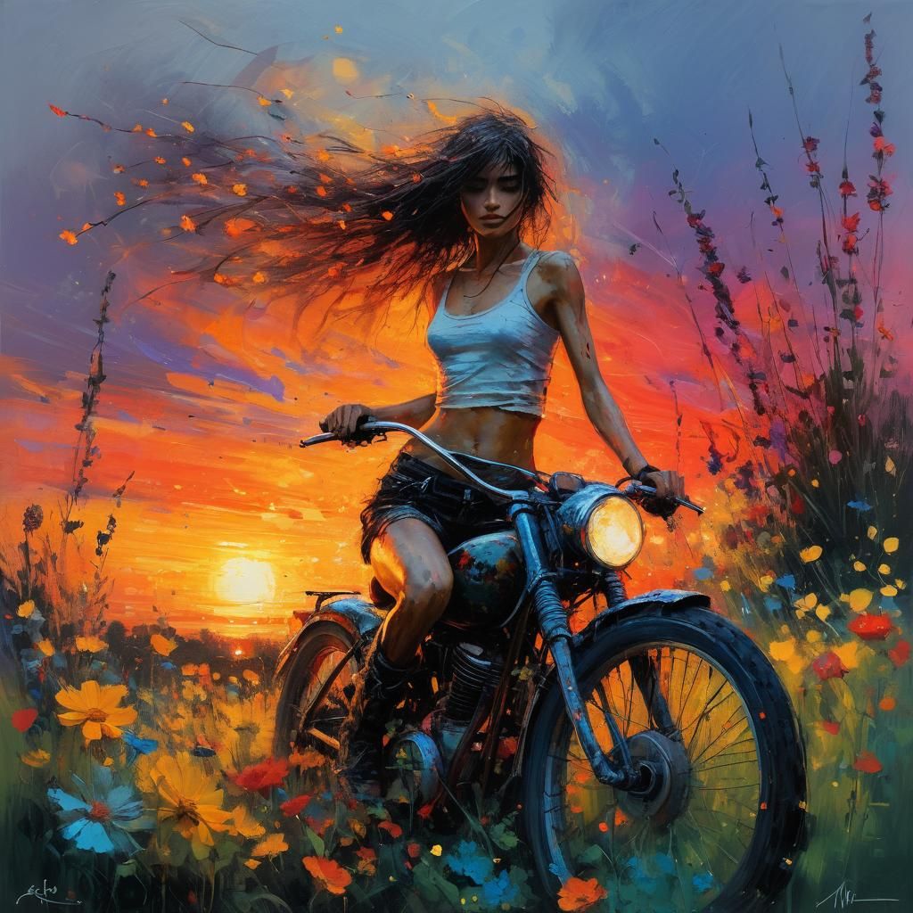 Biker at Sunset: Impressionistic Vibrant Colors
