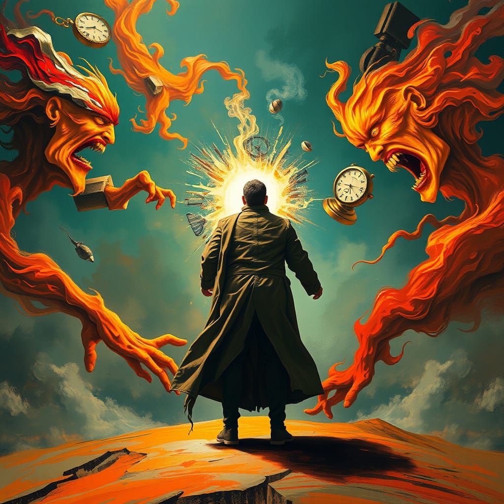 Man Confronts Nightmares in Surreal Dreamscape