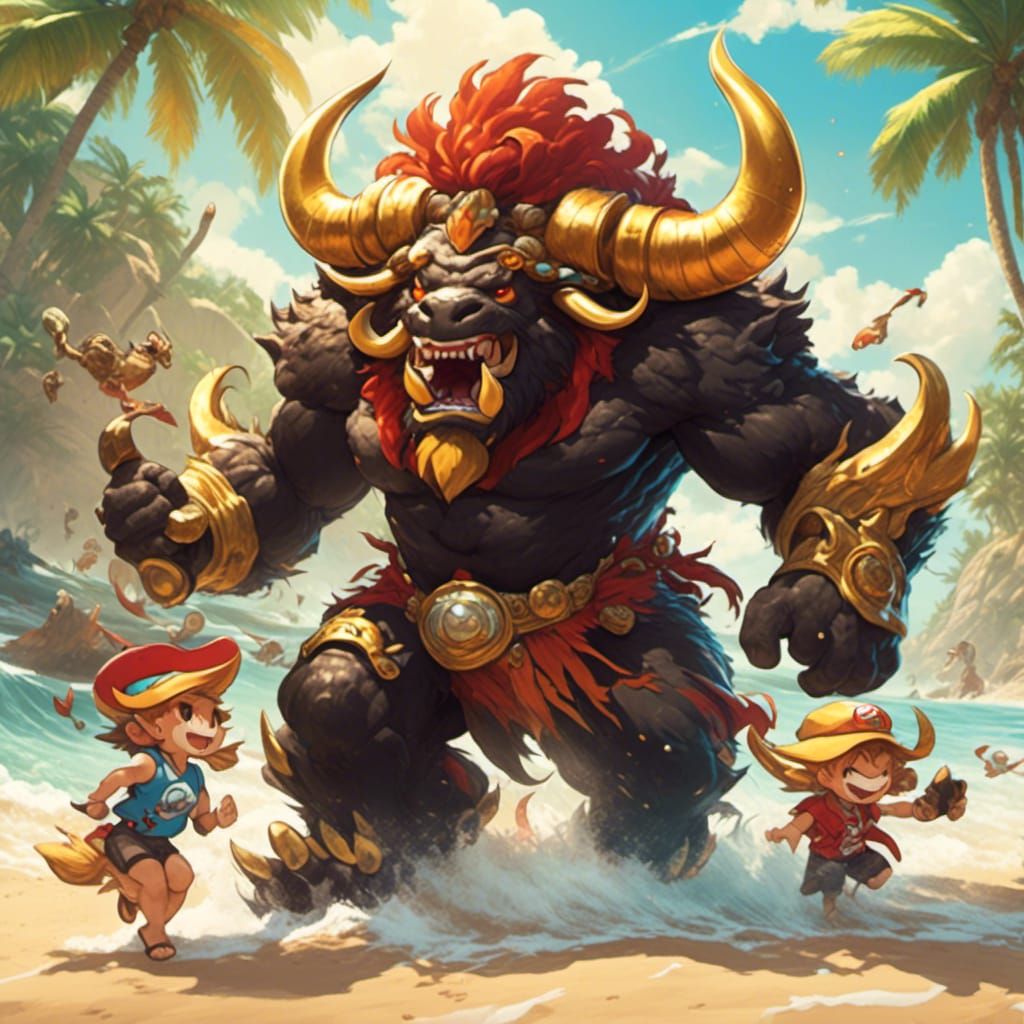 Rajang Frolics on Sunny Beach in Pokémon Style