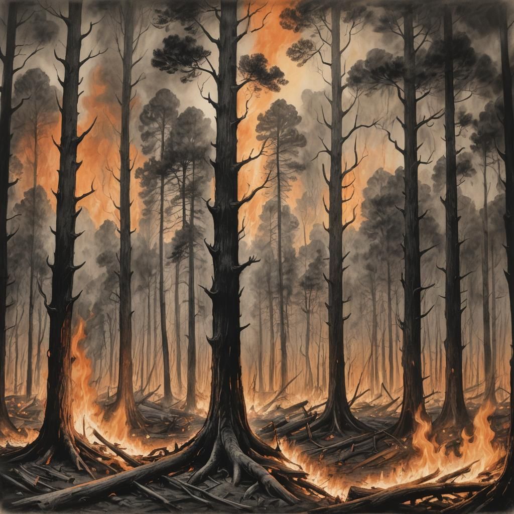 Raging Forest Fire in Hyperdetailed Charcoal Drawing
