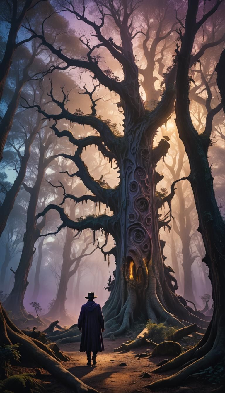 Mysterious Figure in Eerie Forest, Salvador Dali Style
