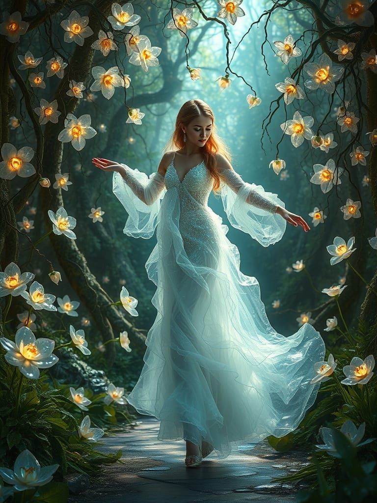 Woman Dances in Crystal Garden with Opal Flowers and Etherea...
