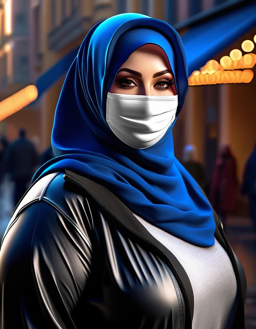 European Girl in Hijab with Facemask, Digital Art