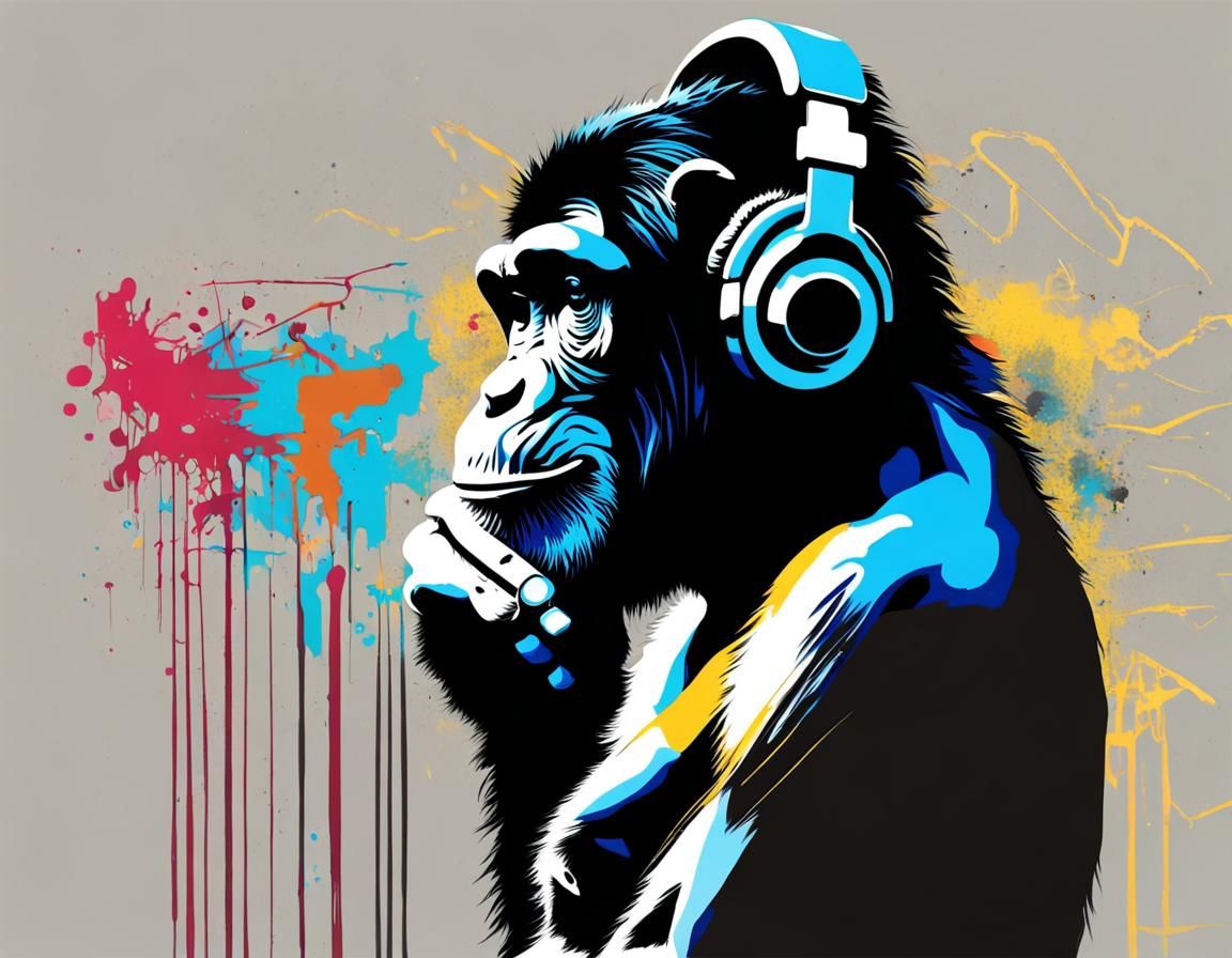 Chimpanzee with Headphones in Graffiti Stencil Art