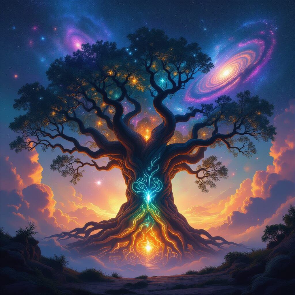 Ancient Cosmic Tree with Glowing Rune Roots