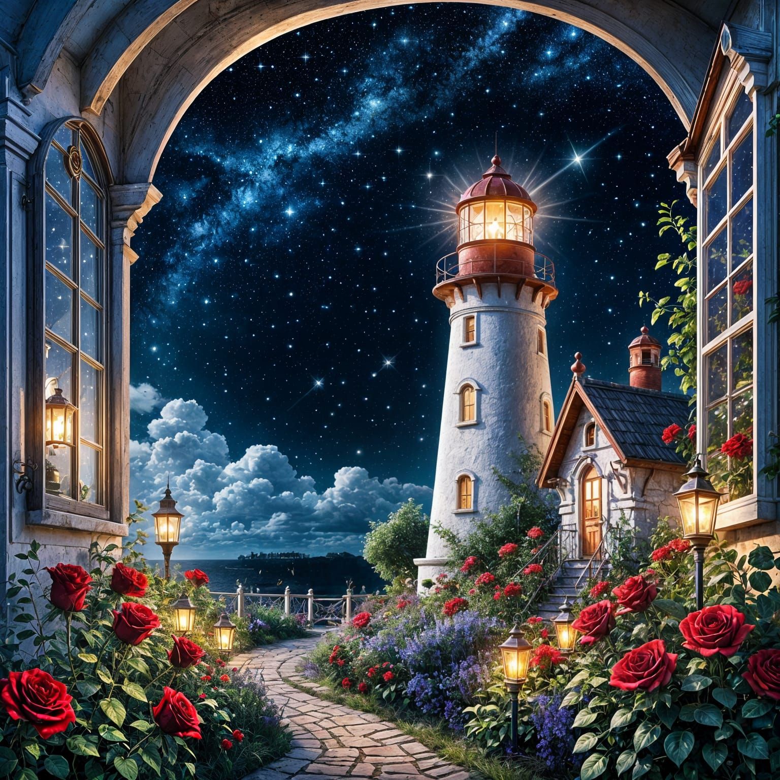 Mystical Summer Lighthouse Scene in Hyperrealistic Style
