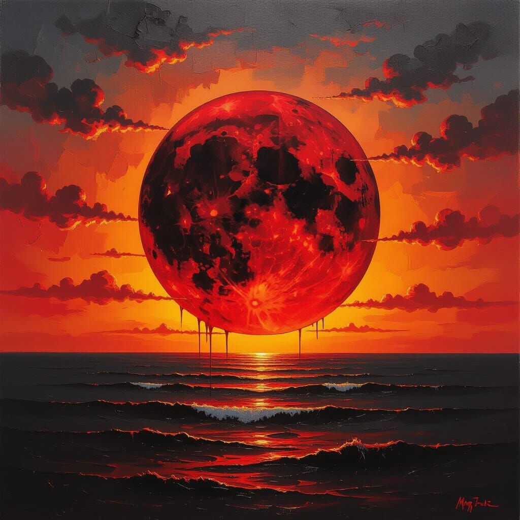 Surrealist Oil Painting of a Bleeding Blood-Red Sun