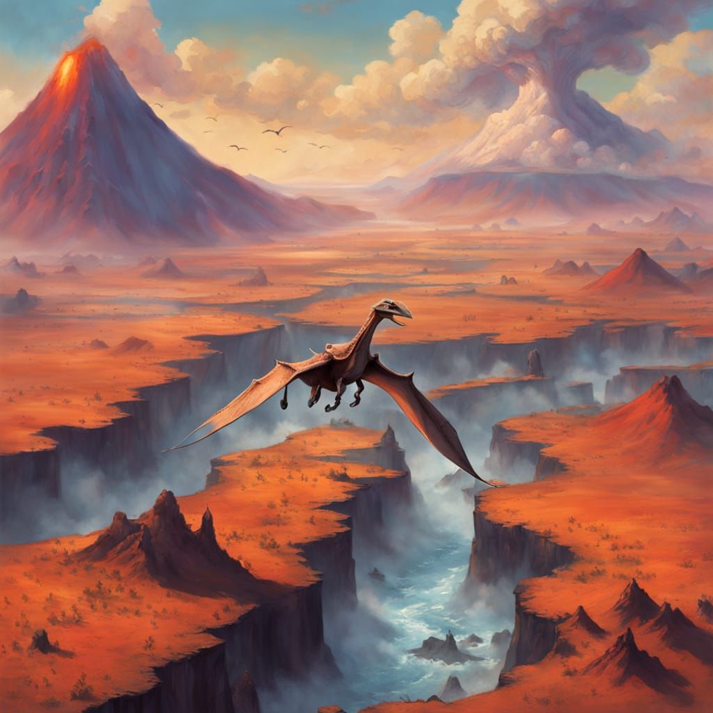 Pterodactyl Soaring Above Volcanic Landscape