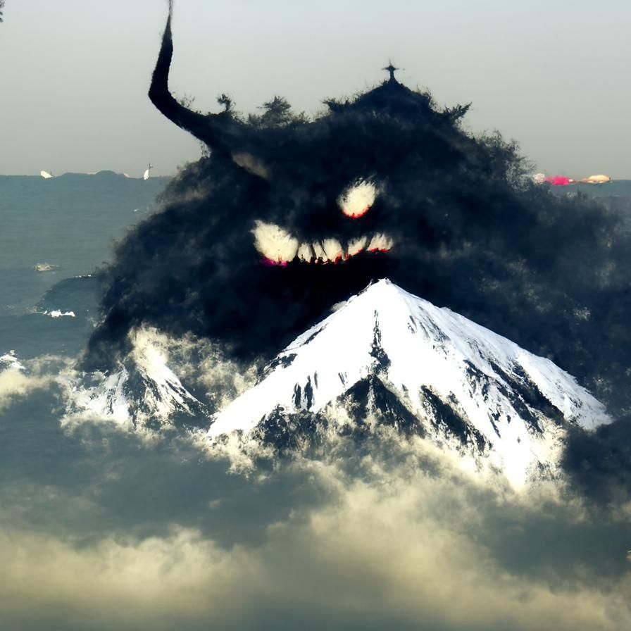 Demon Over Mount Fuji: Ominous Surreal Art