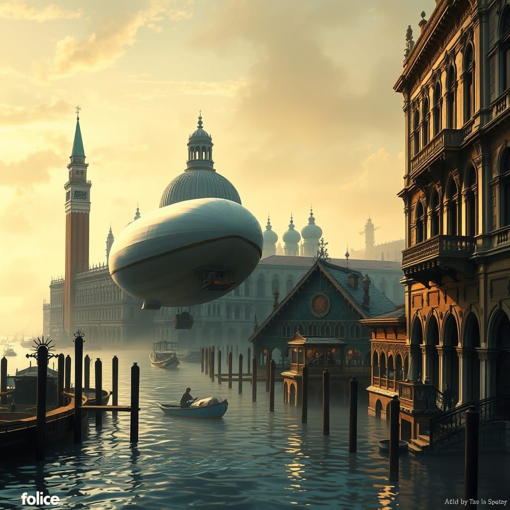 Steampunk Venice Cityscape with Zeppelin in Bioshock Style