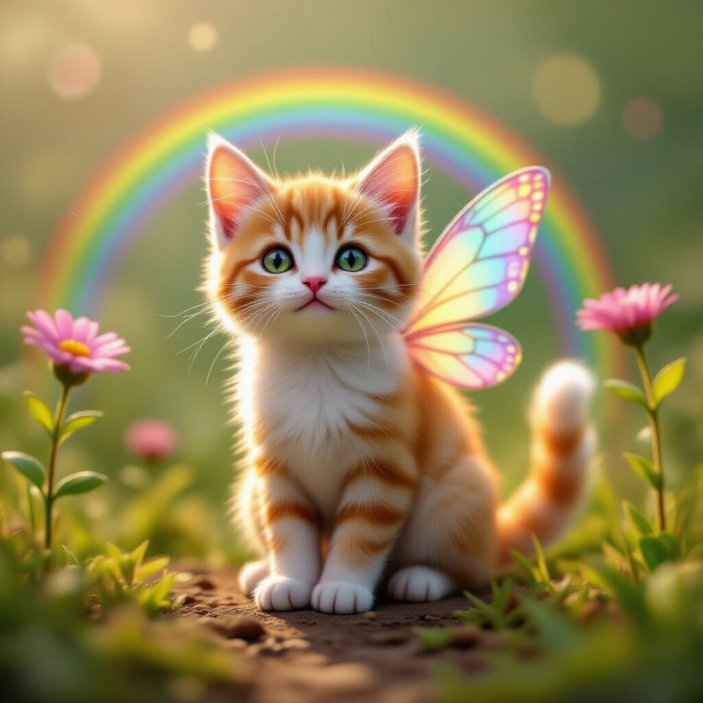Miniature Rainbow Cat Fairy in Tilt-Shift Style
