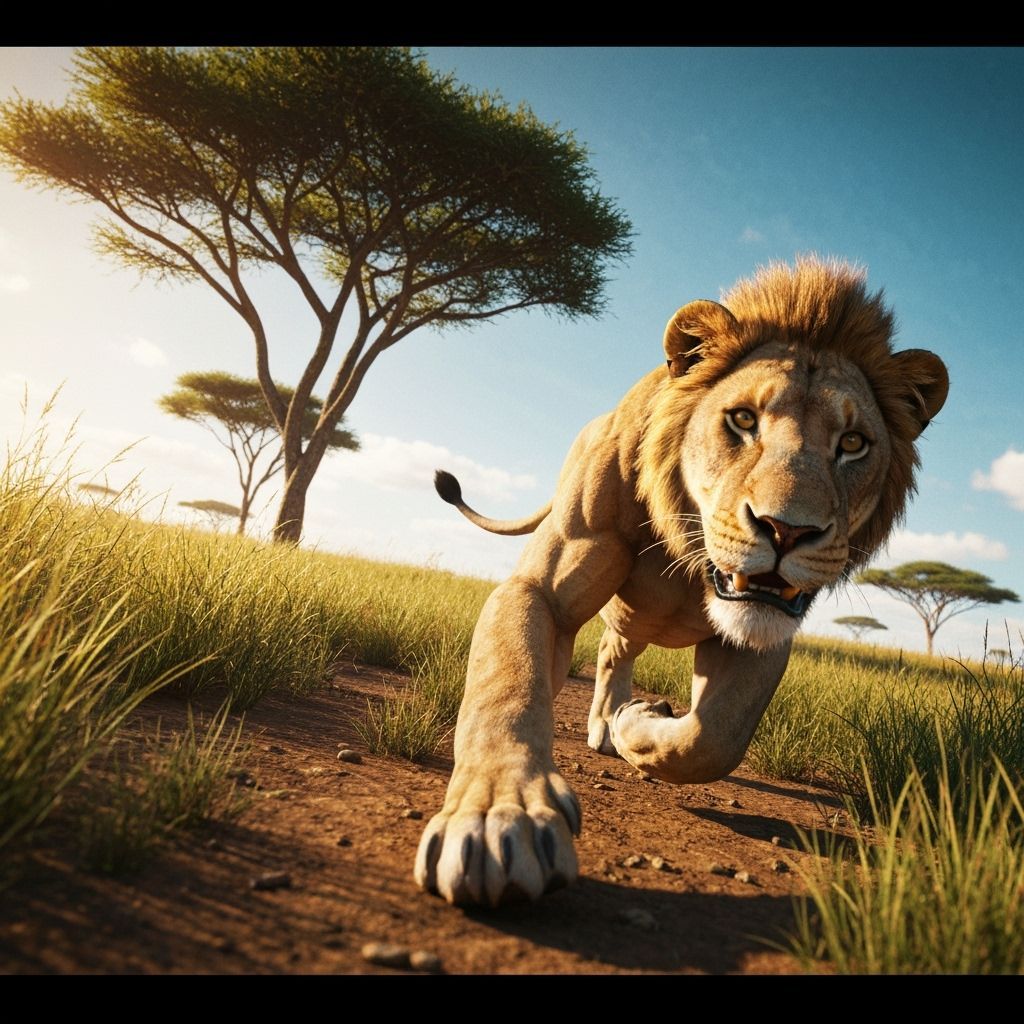 Hyperrealistic Lion Charges Across the Savanna
