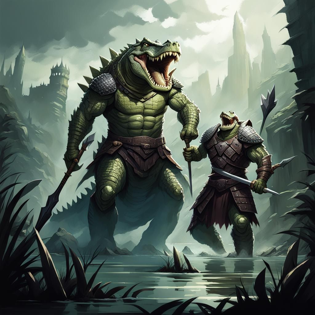 Armored Crocodile Mutant Warrior with Spear, in Dark Fantasy...