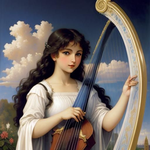 Cartoon Angel Playing Harp, Oil Painting Style