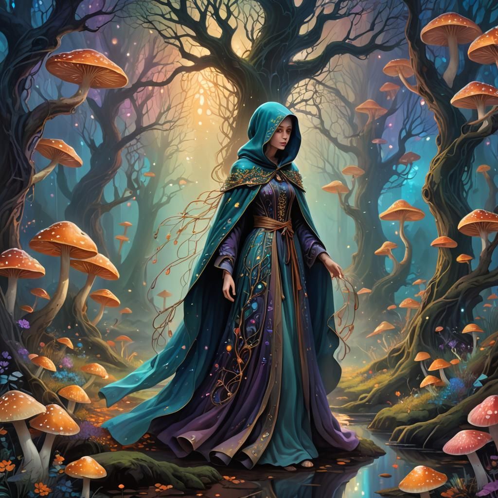 Woman Entering Shimmering Portal in Dreamlike Digital Art