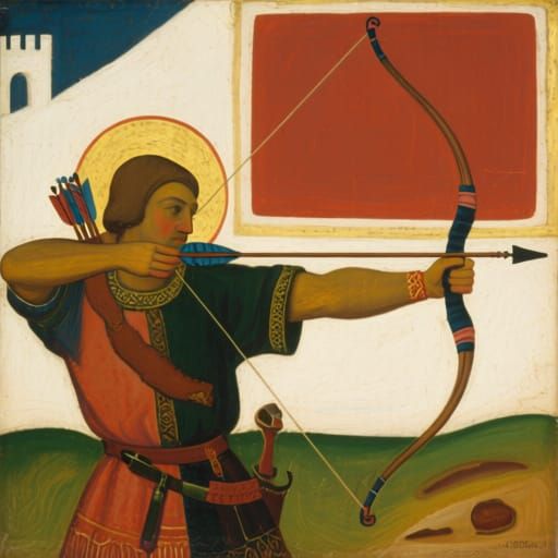 Man Shoots Crossbow at Cutlet in Rublev Rothko Style