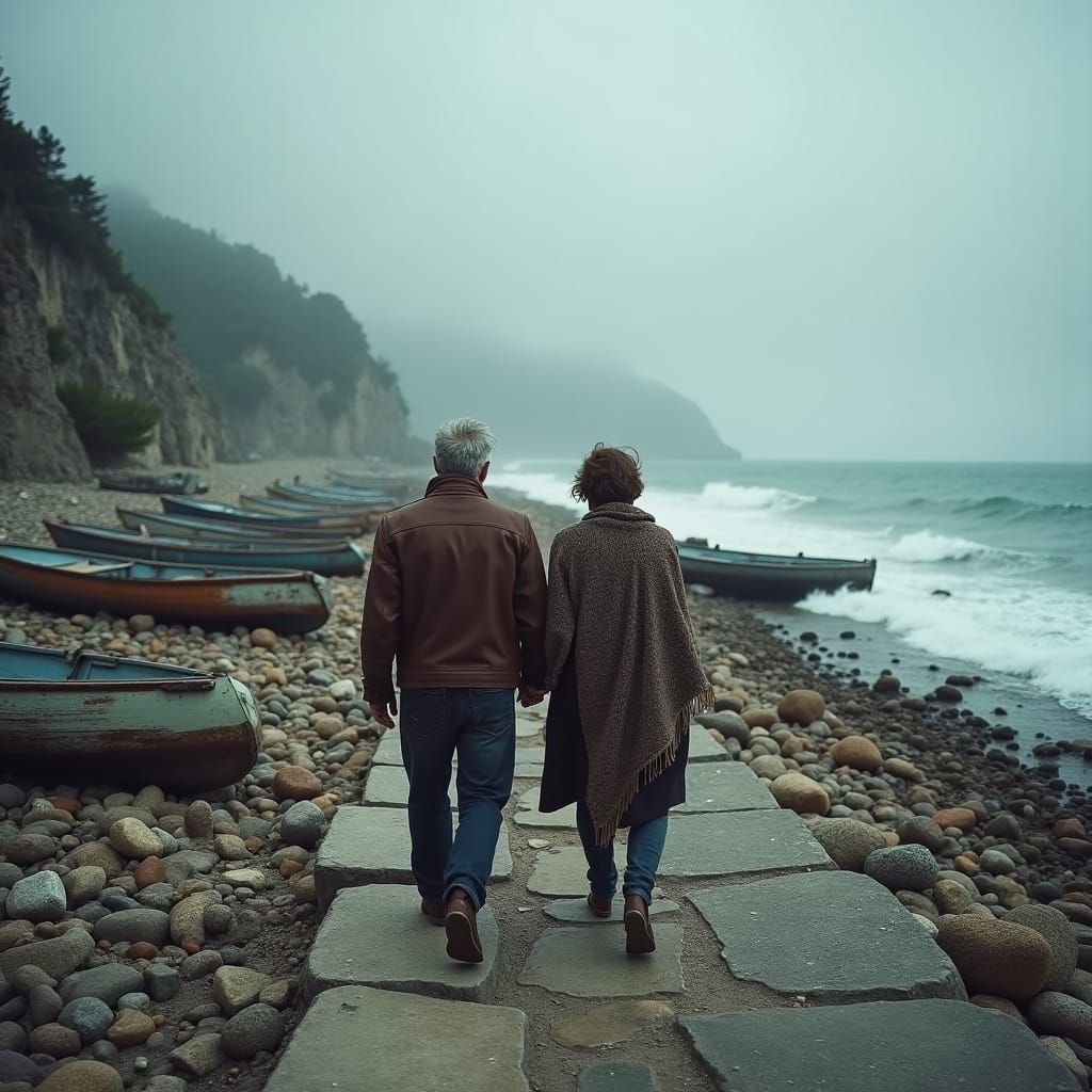 Italian Couple Strolling on Ligurian Beach