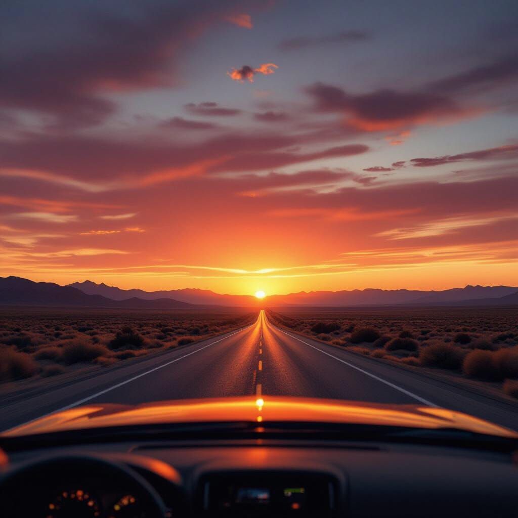 Car Interior View of Lonely Highway at Sunset