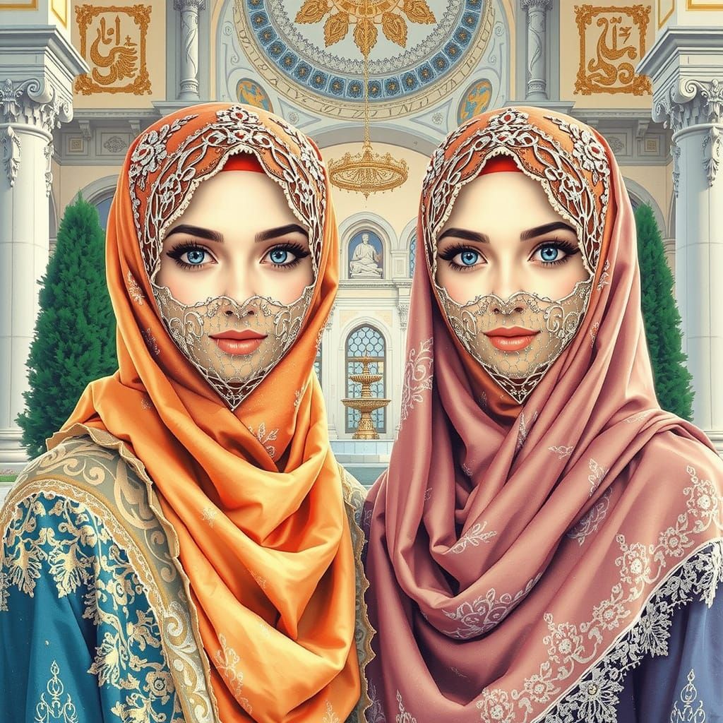 Two beautiful hijab sisters at Grand mosque.