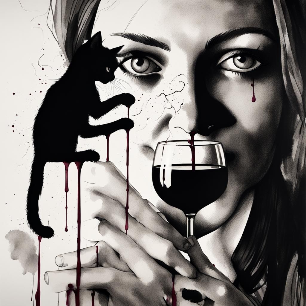 Woman and Black Cat Ink Splatter Drawing